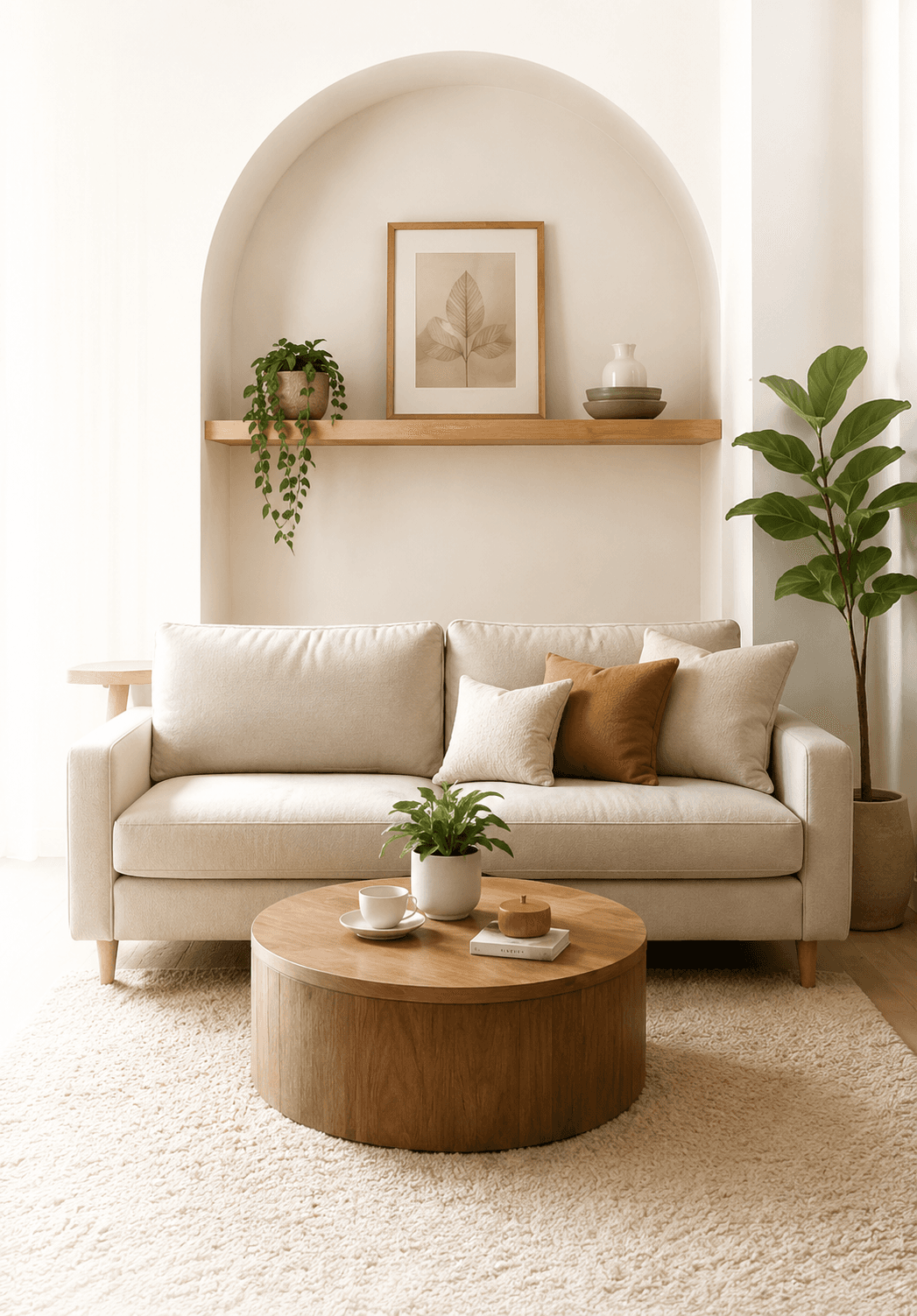 A calm living room with a sofa, plants, and warm wood accents.