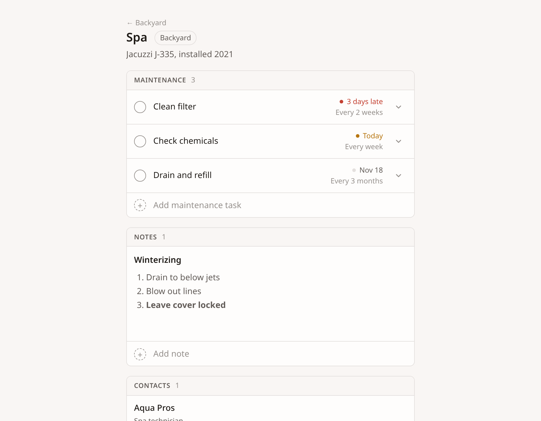 An item page showing notes, a service contact, files and upcoming tasks