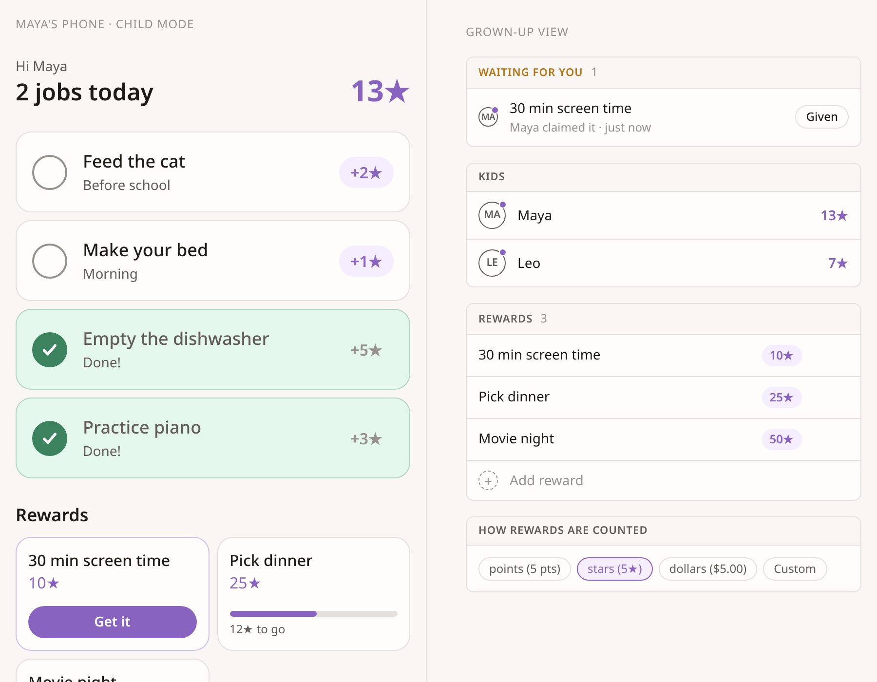 Kids view with today's jobs, a points balance and rewards to spend on