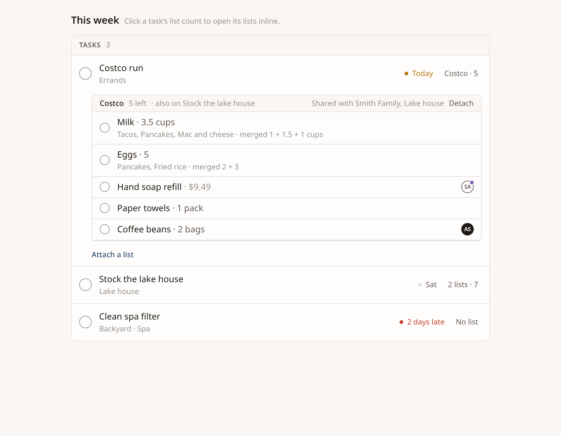 A shopping list attached to a Costco run task