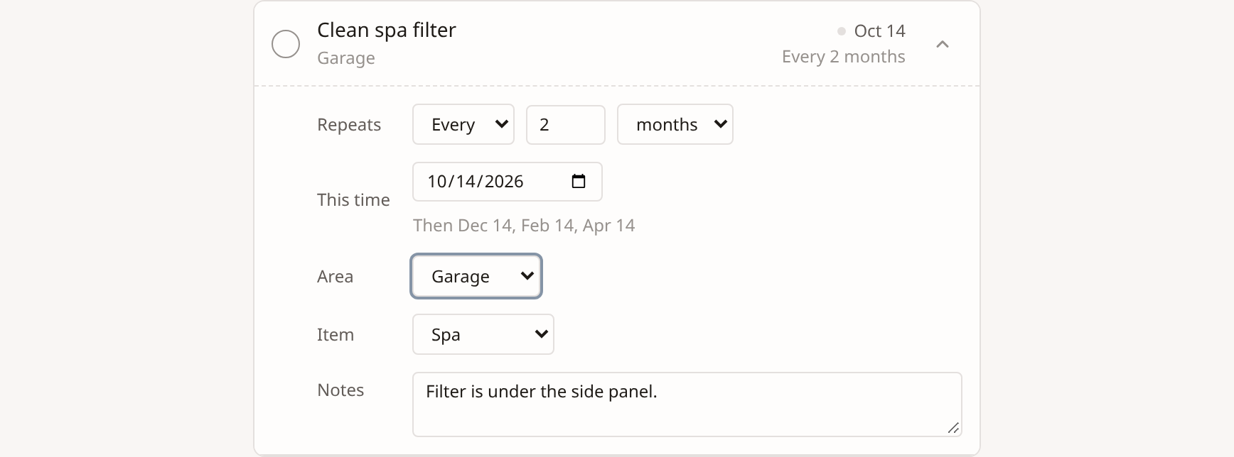 A task's schedule being edited in place, with the room and repeat rule shown inline
